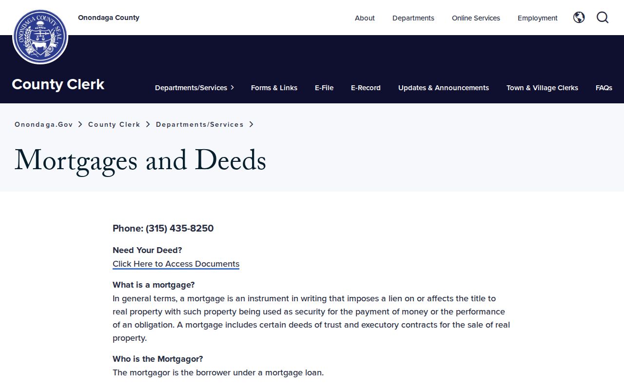 Onondaga previous residents deed and mortgage record guidance from the County Clerk