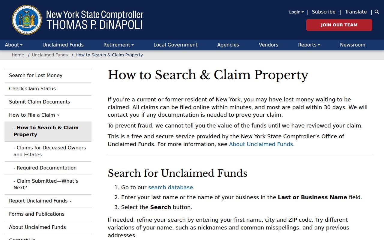 Onondaga residents directory example of the New York unclaimed funds search fields