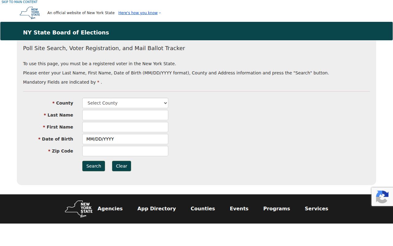 Onondaga resident lookup voter form with county, name, date, ZIP, and address prompts