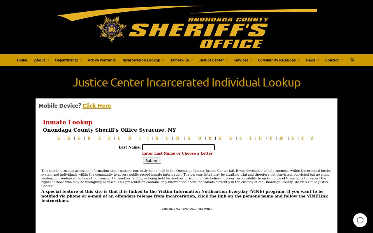 Onondaga resident lookup County Justice Center custody search frame